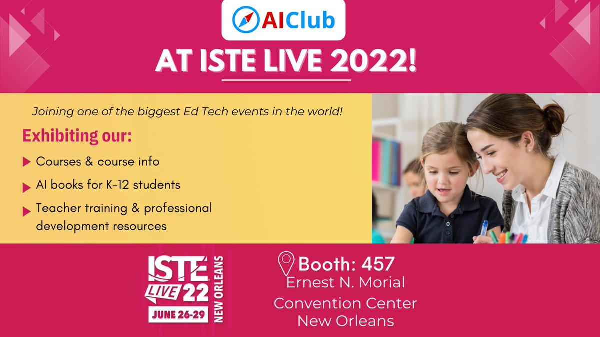 AIClubWorld's tweet image. Exciting news! 🎉 We&apos;ll be joining ISTE Live from June 26th - June 29th! Come meet us at Booth 457 to talk all things AI and check out our textbook and elementary books in person. See you there! 👋

#EdTech #EdTechConference #ISTE2022 #ISTE22 #ISTELive #ISTELive22 @iste