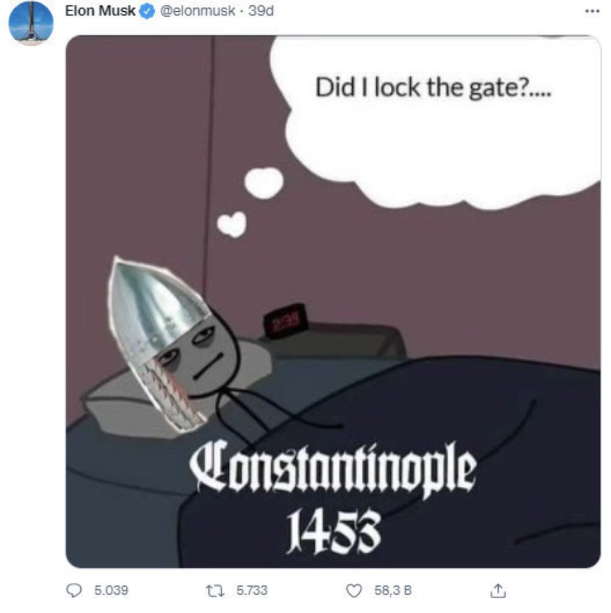 Tesla ve SpaceX CEO'su Elon Musk’ın Twitter hesabında yaptığı paylaşım sosyal medyada gündem oldu. Hesabından 1453 İstanbul’un Fethi’ne gönderme yapan bir görsel paylaşan Musk, “Did I lock the gate? (Kapıyı kilitledim mi?) yazdı.
