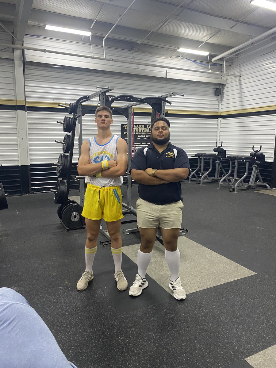 PlanoEastFB's tweet photo. @DevillierDrew and @Coach_JGaudie take the title of best “throwback” outfit of the day…finished off the workout with a little dodgeball as well! It’s a Great Day to be a Panther. #week2done #eastside https://t.co/eo4zIWMv9g