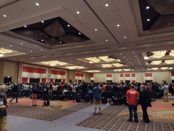 NateWendt's tweet photo. Fired up crowd for the @labornotes evening session! 🔥🔥🔥
#LaborNotes2022 #LaborNotesConference https://t.co/f7O0Yv0xEW
