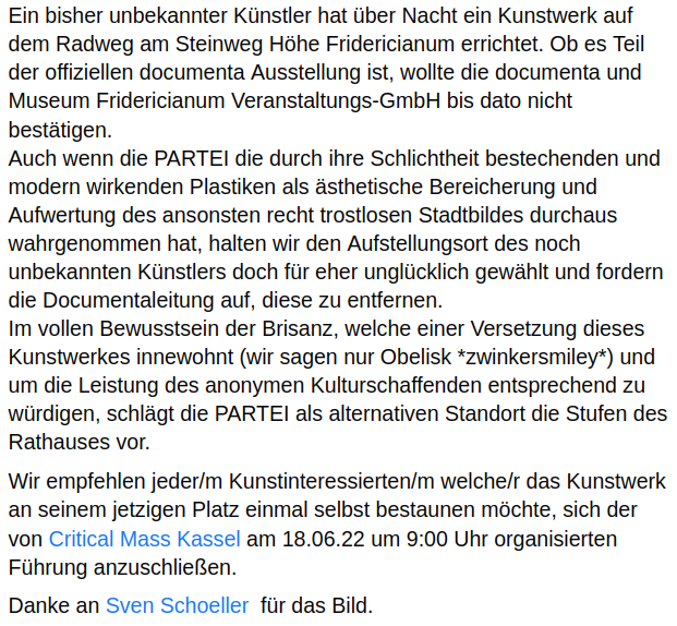 Ist das Kunst? Oder kann das weg?
<a href="/KasselCM/">Critical Mass Kassel</a> 
<a href="/Radentscheid_KS/">Radentscheid Kassel</a> 
<a href="/StadtKassel/">Stadt Kassel</a>