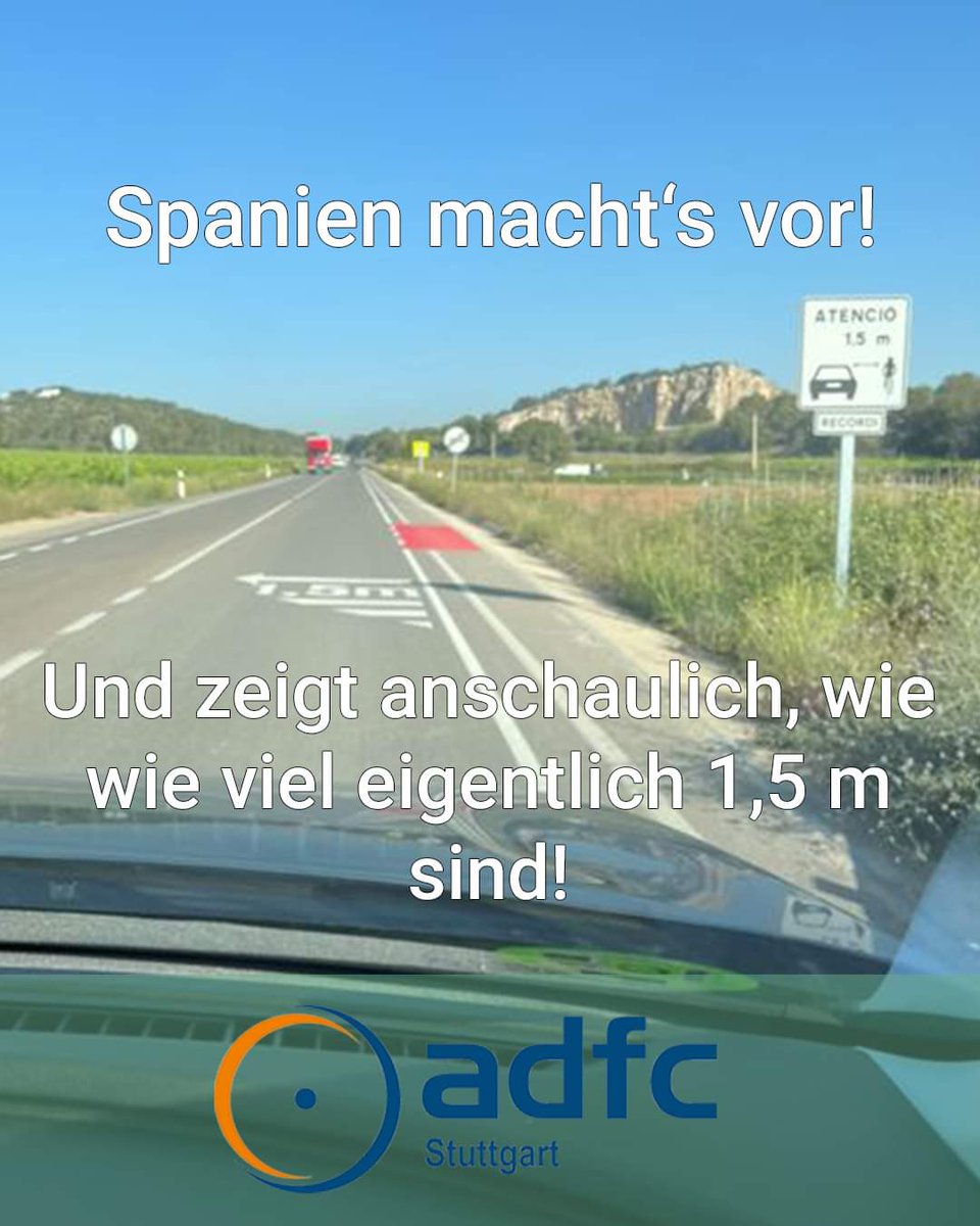 adfc_stuttgart's tweet photo. Einsendung unseres Instagramfreunds flou aus #spanien. Wie viel sind eigentlich mindestens 1,5 (innerorts) oder 2 (außerorts) Meter? Sehr anschaulich. Auch geeignet für @stuttgart_stadt, z. B. im #Mahdental? #dasradkommtmitsicherheit https://t.co/HbkHRNxzBX