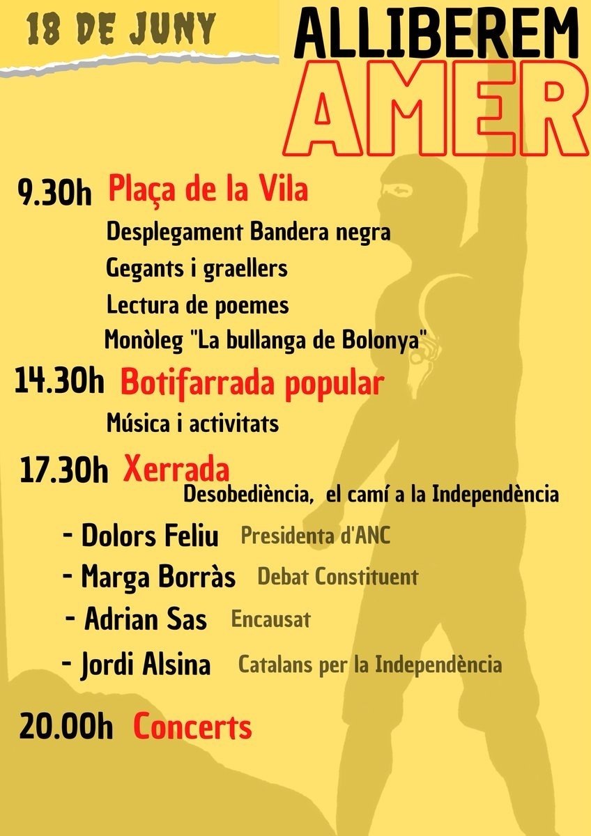 ⚠️ALLIBEREM AMER⚠️
Convoquem  tothom :

🕚 9 hores Carretera d'Amer
🚧🚧 Checkpoints 
🚫 Prohibida l'entrada a les forces d'ocupació

🕚 9.30h Plaça de la Vila
👩‍👩‍👧‍👧 Alliberem ajuntament 🔥🔥

Sols el poble salva el poble✊

#AlliberemNos