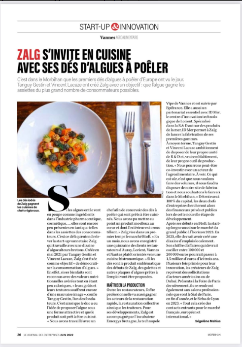 La jeune entreprise morbihannaise ZALG, créée en 2021, souhaite faciliter la consommation de macro-algues. 
Elle est accompagnée par l'équipe R&amp;D et production agroalimentaire d'IDmer.
lejournaldesentreprises.com/morbihan/artic…