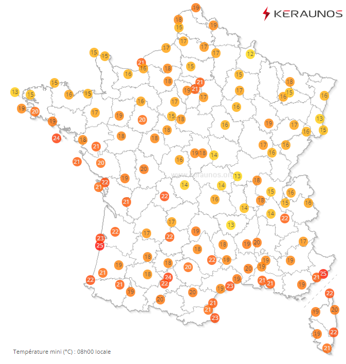 Chaude nuit à nouveau avec 25°C de mini provisoire (cela doit tenir jusqu'à 18h UTC) à Biscarosse.
23.5°C à Toulouse-Blagnac (mais 25°C en centre-ville) et à Belle-Ile (record absolu si la valeur tient jusqu'à 18h UTC). #canicule 