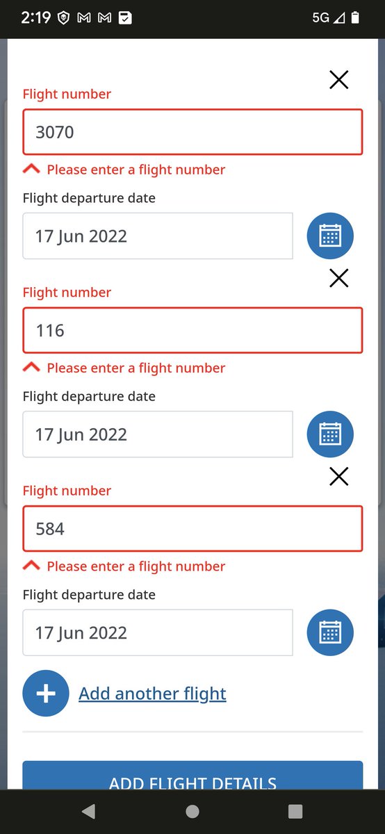 Wow, #WestJet. Lost my bag and when I try to file a claim on your site, you're telling me the flight numbers are wrong. It's right on the boarding passes in large print. Flights 3070, 116, 584. All on June 17. I got here, so I know they're correct, lol.