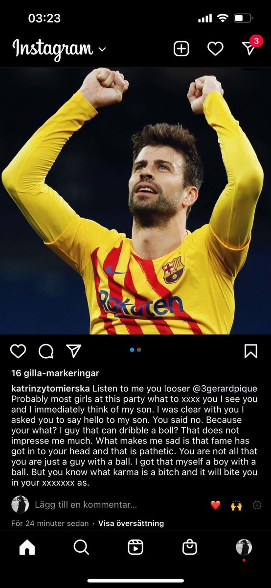 erccyy's tweet photo. Hahahaha den fullkomliga slakten av det engelska språket, den totala galenskapen, hybrisen, shania twain-citatet och den så oerhört oväntade beefen katrin zytomierska vs gerard pique gör detta till årets instagraminlägg UTAN KONKURRENS https://t.co/eHnvyfHAJz
