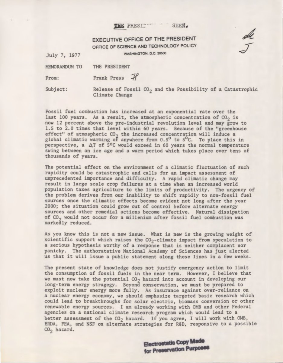 1977 climate memo to President Carter. 'The urgency of the problem derives from our inability to shift rapidly to non-fossil fuel sources once the climatic effects become evident not long after the year 2000; the situation could grow out of control.' theguardian.com/environment/20…