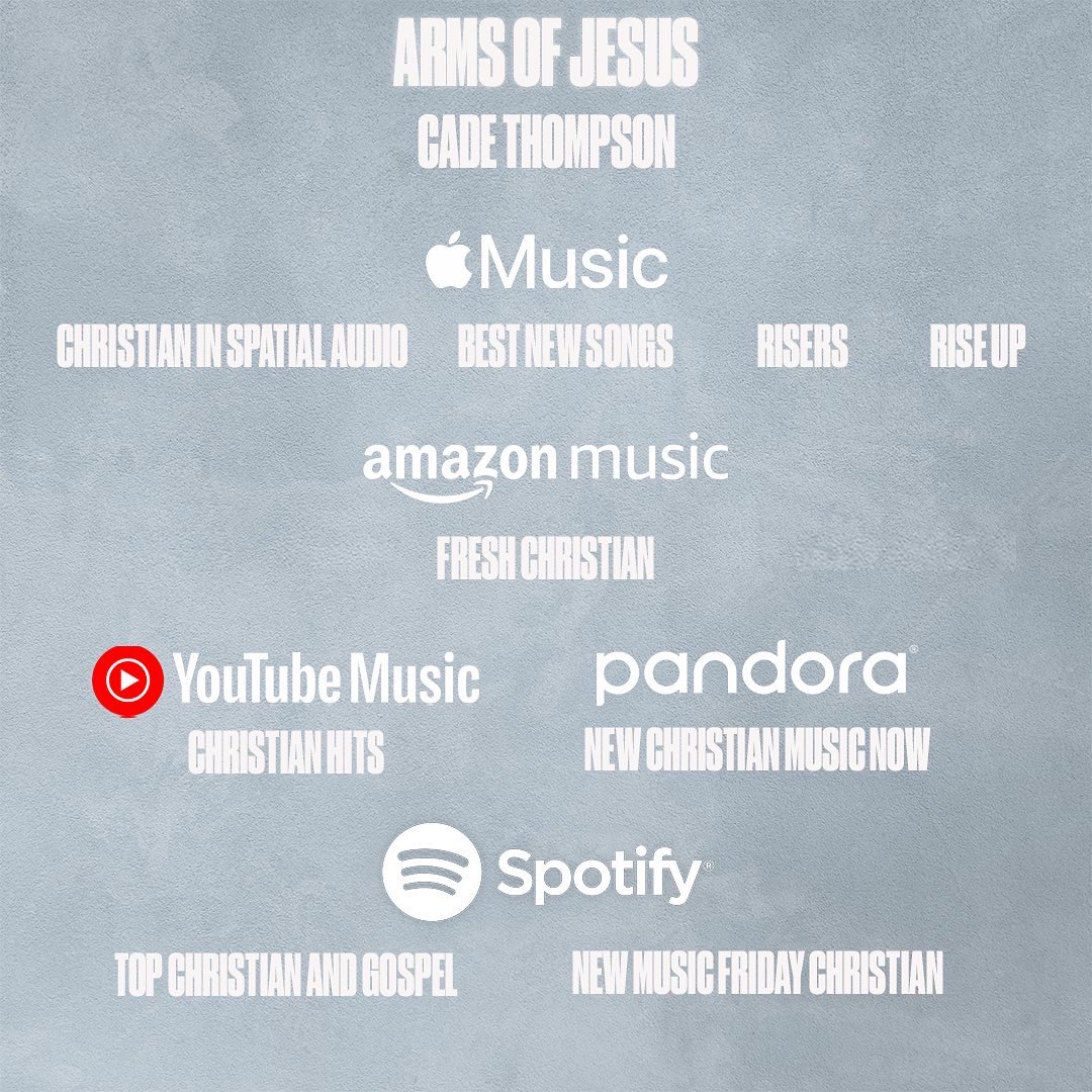 Cade_Thompson_'s tweet photo. I just have to say thank you to all of you for making this release day of #ARMSOFJESUS SO SPECIAL. Thank you to everyone that has shared, downloaded and streamed this song already. HUGE thank you to these streaming platforms for adding my songs to your playlists. 🤍 ALL THE LOVE. https://t.co/B1VQ6cowC6