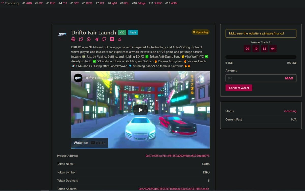 🔥 TOP 6 ON PINKSALE TRENDING ALREADY

We're going on the right track, all we need to do is to keep moving this way and we're ready to claim tremendous achievements! 🚀

Our Fair Launch will start at 1 PM UTC, June 18th!

Fair Launch: pinksale.finance/launchpad/0x27…

#drifto #fairlaunch