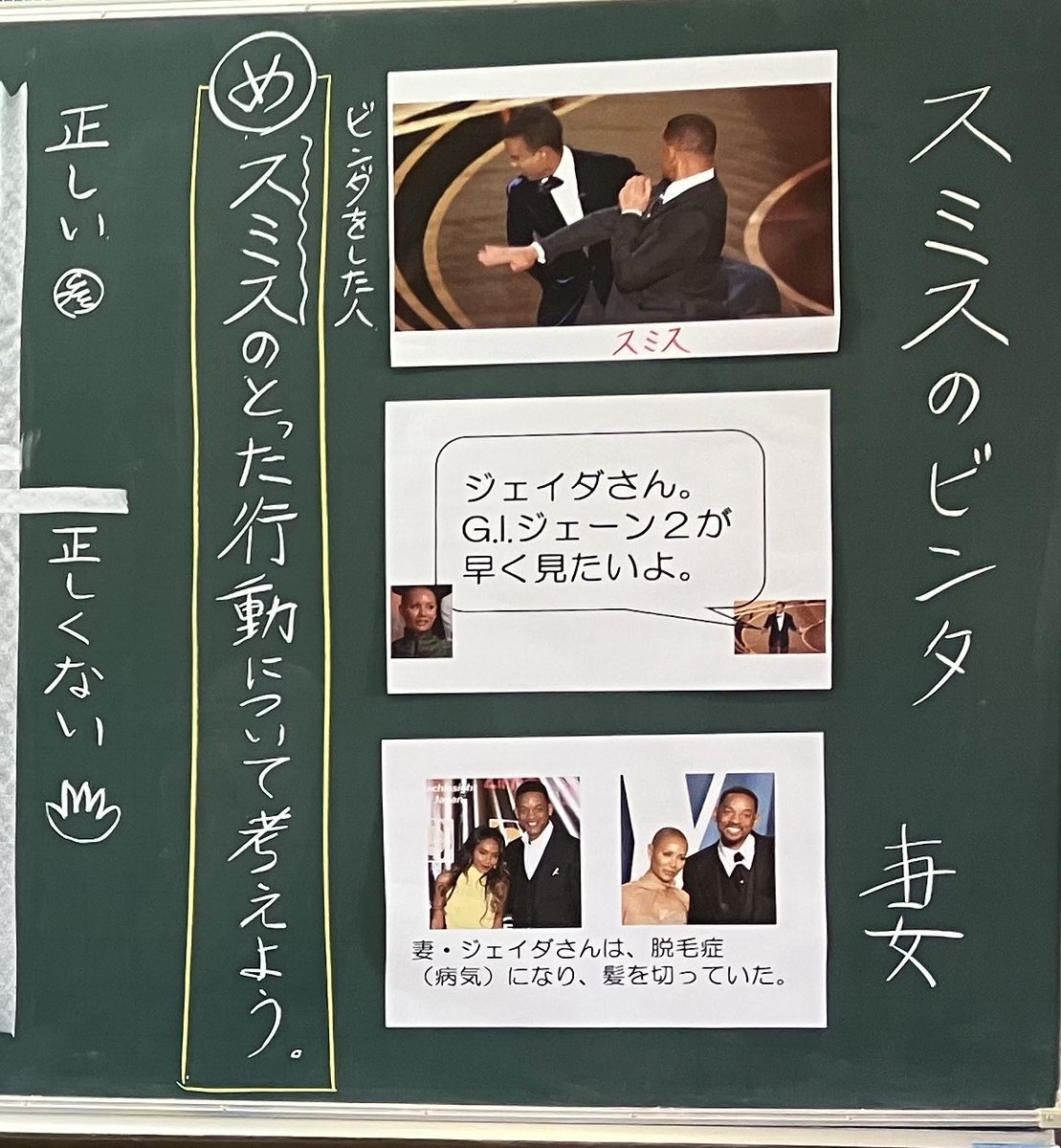 crm_i0's tweet photo. 「スミスのビンタ」って、なんかいかにも道徳の教材っぽい名前。笑
実際はもうちょい資料を用意して、場面把握をしやすくしたのと、話しやすいように二項対立に持っていったけど、安易だったかな。話し合う中で妻ジェイダはどう思うのか、この後スミスはどうなるのかという話題に。 https://t.co/TLiQXsaFcE