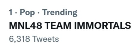 More fresh tweets! One of our tagline for today are still topspot trending nationwide. You can watch now LIVE on Facebook to support MNL48.

#MNL48SPORTSFEST2022
MNL48 TEAM IMMORTALS
MNL48 TEAM EMPERATRIS
<a href="/mnl48official/">MNL48</a>