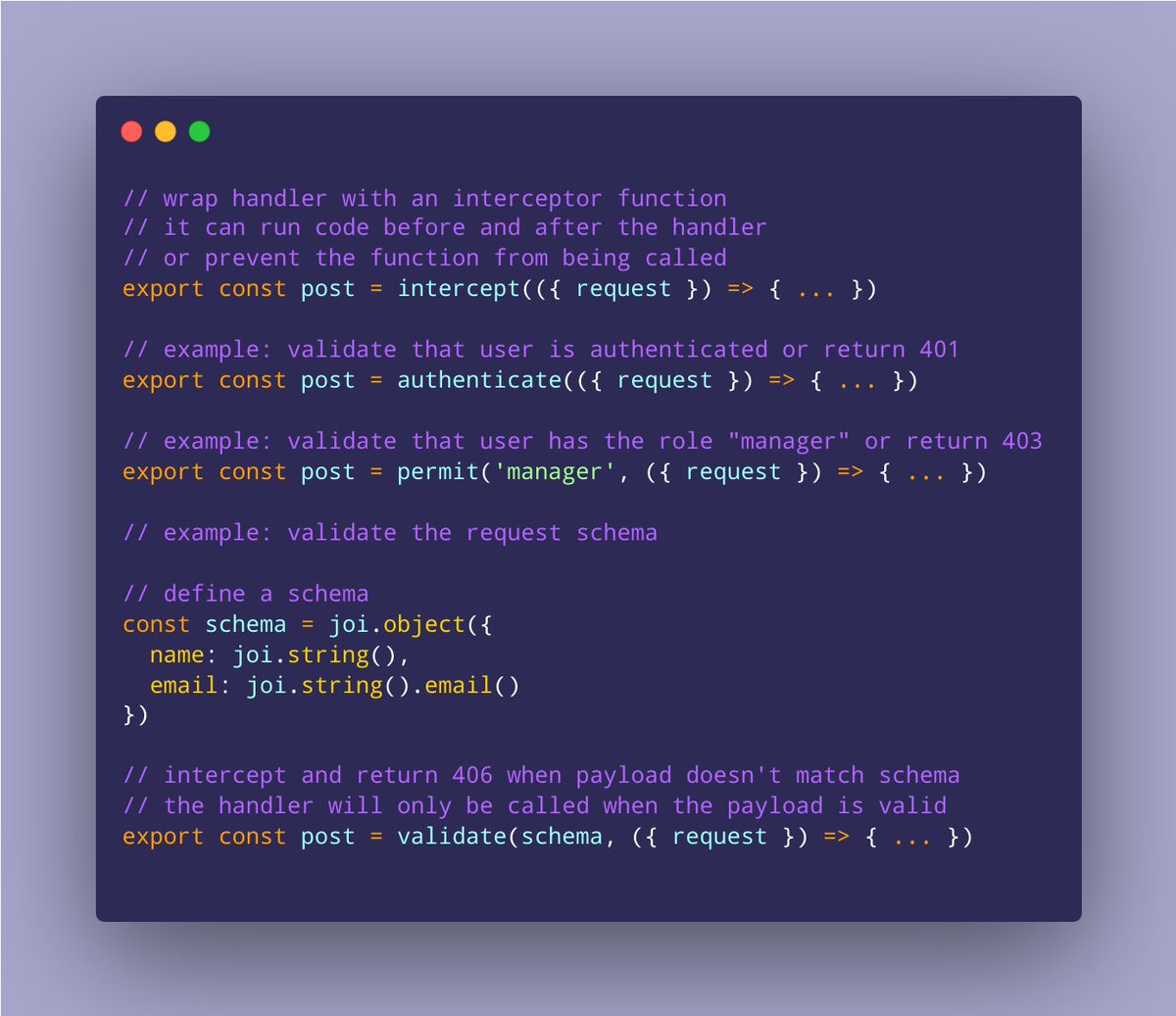 joshnuss's tweet image. For SvelteKit endpoints, repeated logic can be extracted with interceptor functions:
