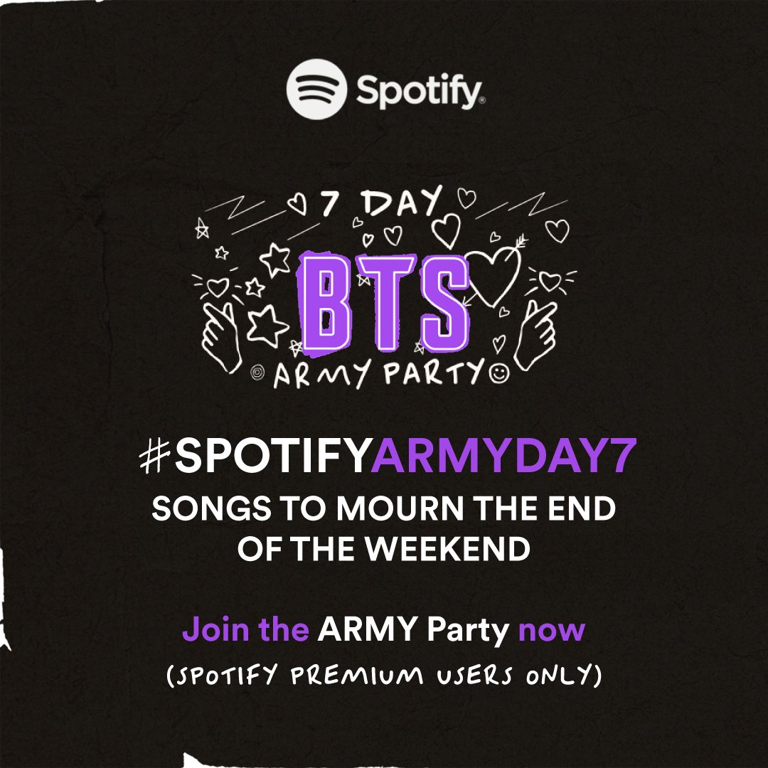 Tryna process all these FEELS for the last day of our ARMY Party playlist 😔 Check out #SpotifyARMYDay7 before it’s gone! 7dayarmyparty.byspotify.com

#7DayARMYParty #SpotifyPurpleU #SpotifyxBTS