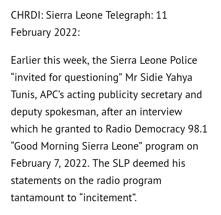 Ch_PR02's tweet image. We call on @antonioguterres to pay attention to Sierra Leone. The UN Resident Coordinator, @AhonsiBA is dozing while human rights - the rule of law is violated. The fragile peace of 🇸🇱 is fast eroding; observing arbitrary arrest of citizens and coercion of opposition leaders.
