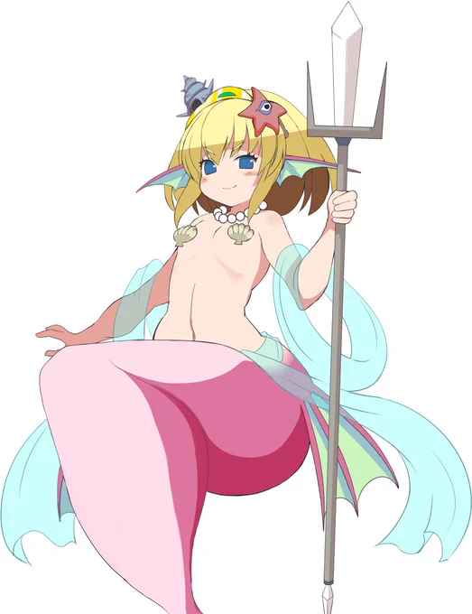 マーメイドの女王の立ち絵描いた(槍が適当)心は海のように大らか(自称)で身体は小さい種族が多いと世界が膨らみますね。これでクエスト系で海の生物出し放題 