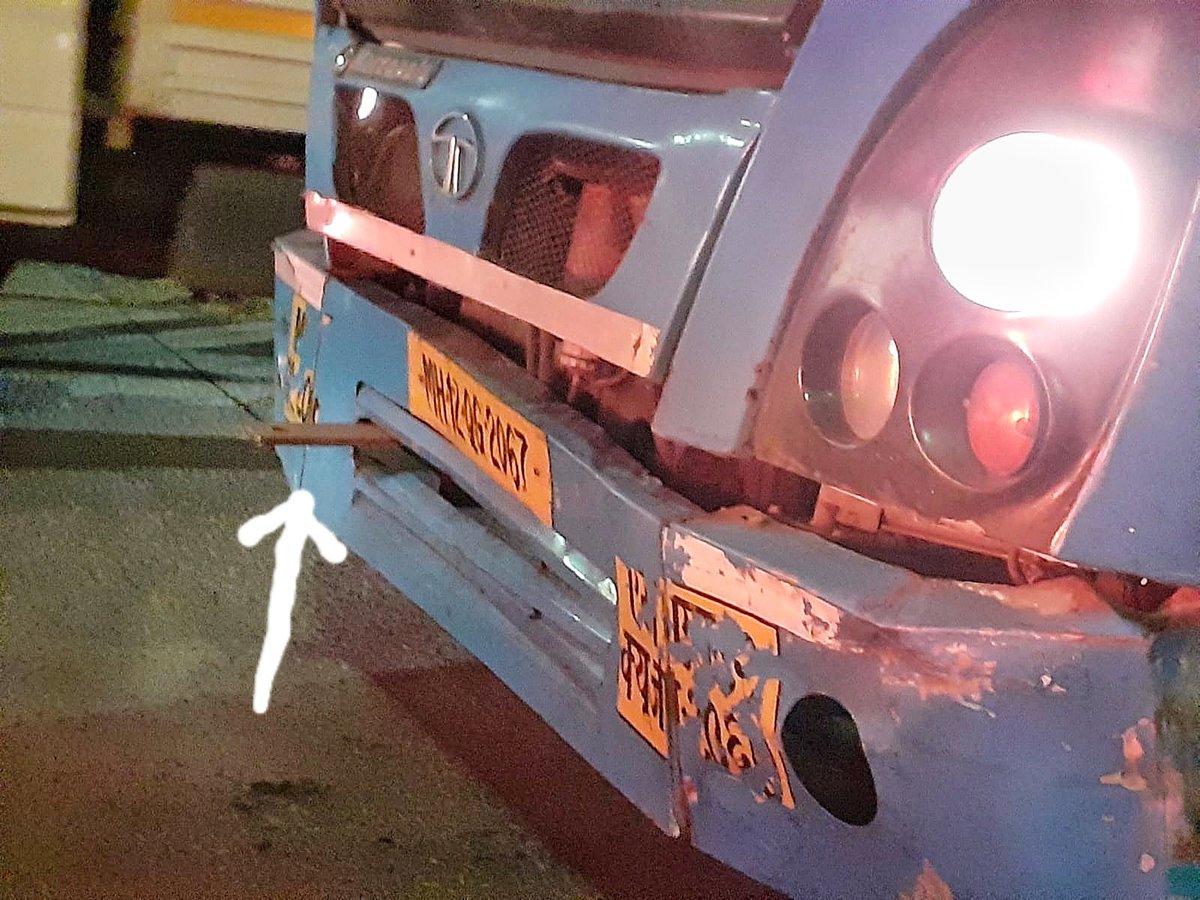AnayPethe's tweet photo. Very Dangerous condition of @PMPMLPune bus. Saw yesterday in Malwadi chowk, Pune. Bus number - MH 12 GQ 2067. Iron rod coming out of front bumper. Could lead to physical harm to people. https://t.co/ppYQDQB2kD