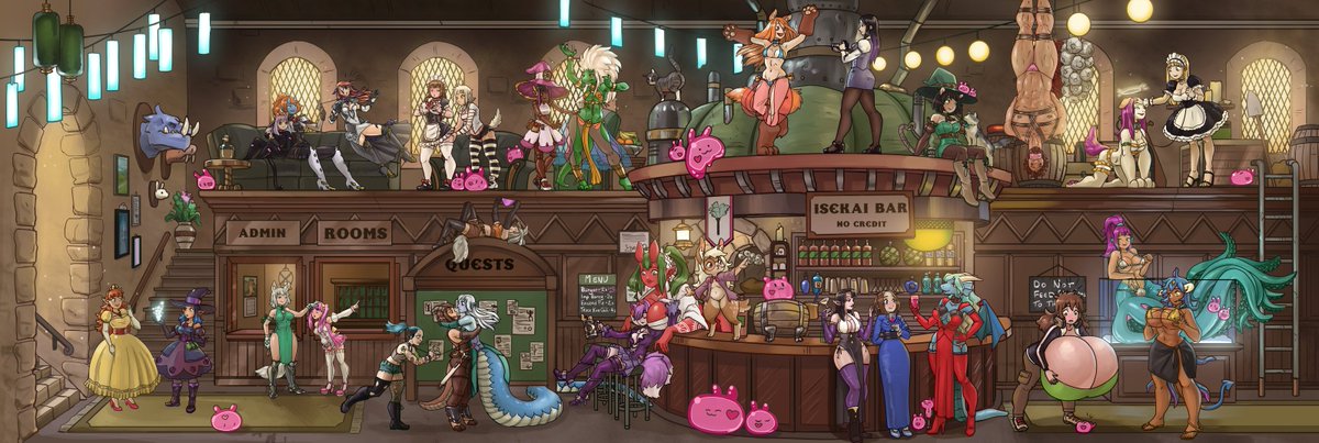 Hey!!!

Here it is! My thirty person commission! A whole discord server hired me to draw what might happen if they were all isekai'd together. 

Twitter is absolutely going to destroy the full version, so I'm going to post close-ups in the thread. 

Retweet this! It's cute!