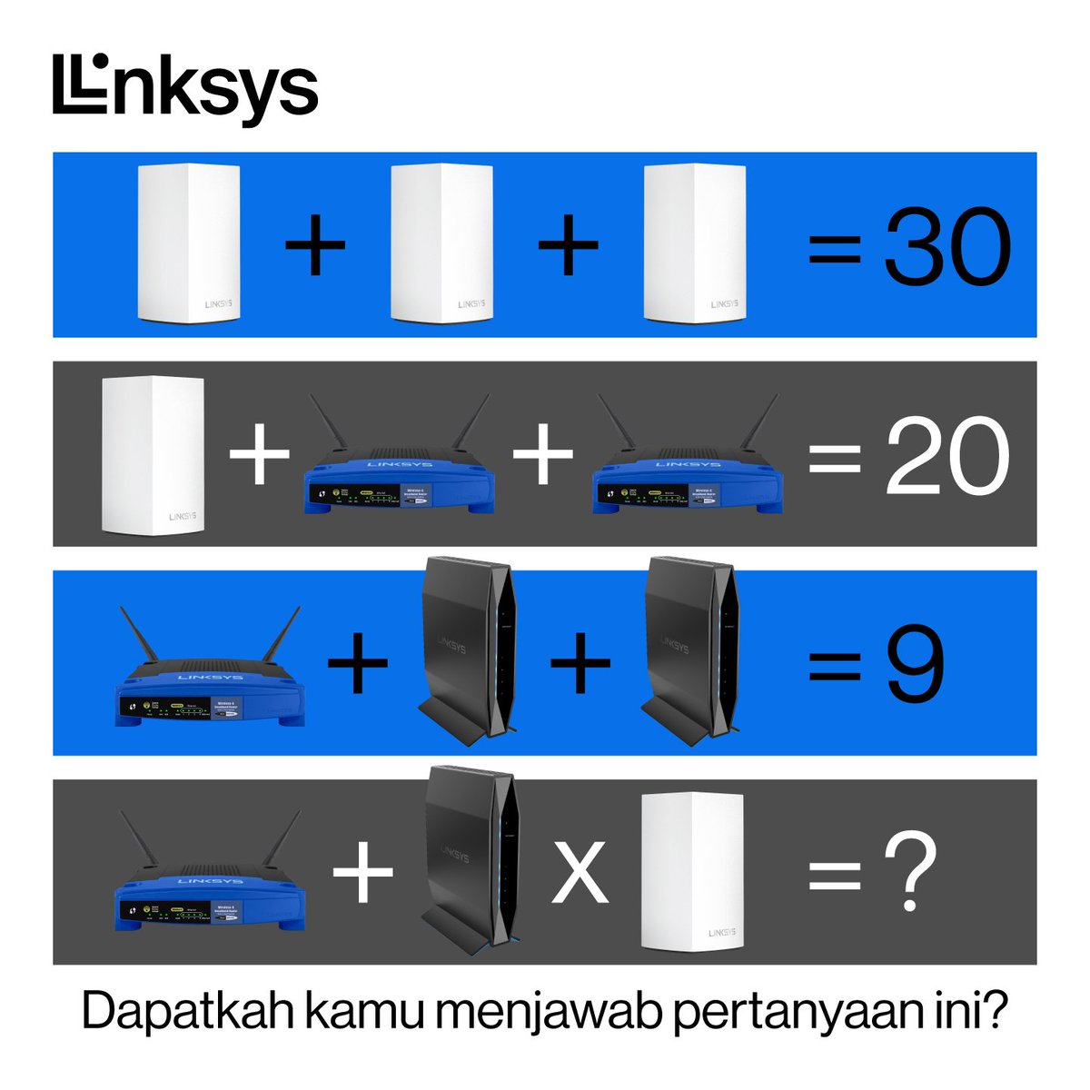 Sambil beristirahat di akhir pekan ini. Yuk main game!

Dapatkah kamu menjawab pertanyaan di bawah ini?

#Linksys #LinksysID #LinksysIndonesia #Weekend