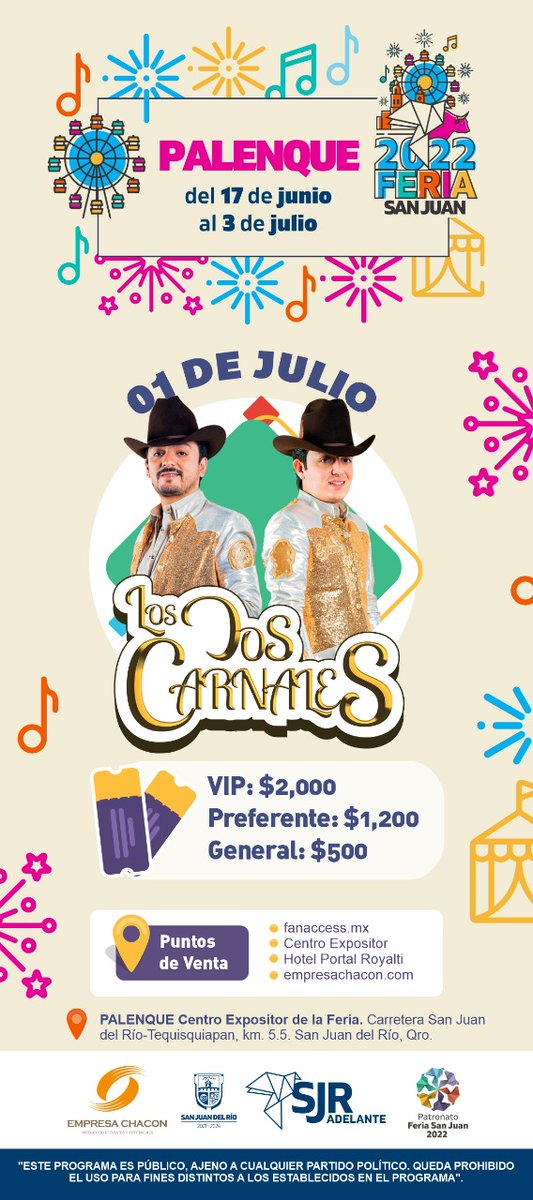 BolFanAccess's tweet photo. Feria 2022
San Juan del Río, Querétaro
¡¡ Boletos Disponibles !!
https://t.co/qtPDSzn5l3
*Punto de Venta
Hotel Portal Royalty
Av. Benito Juárez Ote. 20 CP 76800
San Juan del Río, Querétaro. https://t.co/7s9ojBeXV9