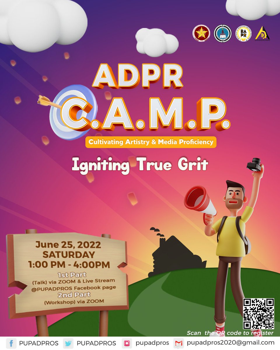 PUPADPROS's tweet photo. Introducing the next part of our ADPR C.A.M.P: Cultivating Artistry and Media Proficiency webinar series, here’s ADPR C.A.M.P: Igniting True Grit!
Register by scanning the QR code below or through this link:
https://t.co/MdqDRAgGKO
#ADPRCAMP
#IgnitingTrueGrit
#WebinarSeries https://t.co/RUHhhrymc0