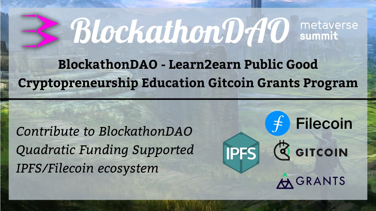 Blockathon_DAO's tweet image. BlockathonDAO officially listed in @gitcoin grants round 14!🎉

Contribute funds 💸, matched with Quadratic Funding. Supported by @IPFS @Filecoin ecosystem!

Huge thanks for @bobjiang123 @danieltbar for facilitating!🙏

Check out grant listing here! ⋙ bit.ly/39A2kM0