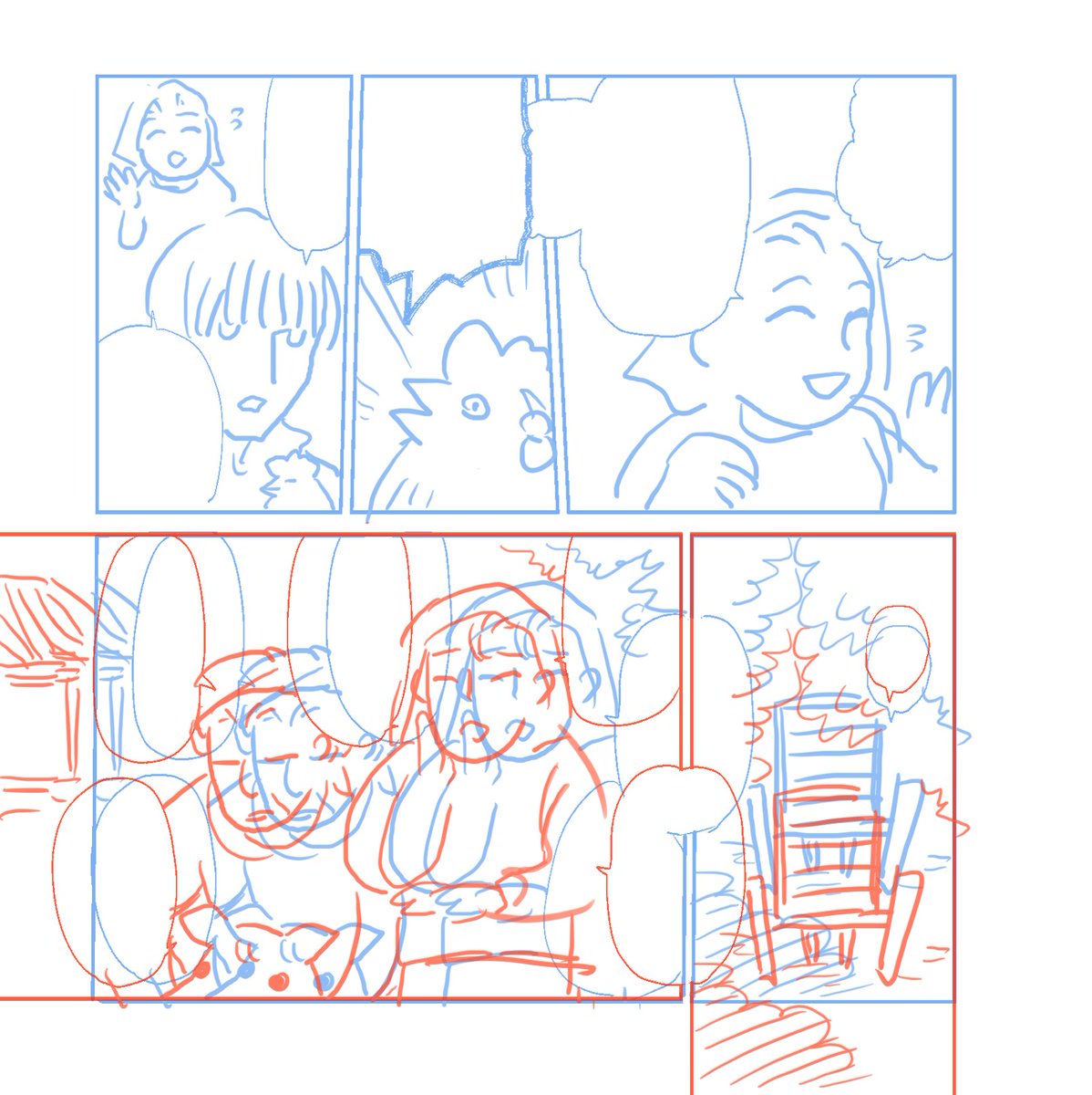昨日、初めて漫画の視線誘導について掴めたかもしれなかった…
←修正前は上段3コマ目から下段の1コマ目までがやけにスピーディで、更に逃げ去る車にセリフが追い打ちみたいな印象になっちゃってるんだけど、
→の修正後は、荷車の位置を下げてフキダシを上方向にずらすことで若干猶予ができた