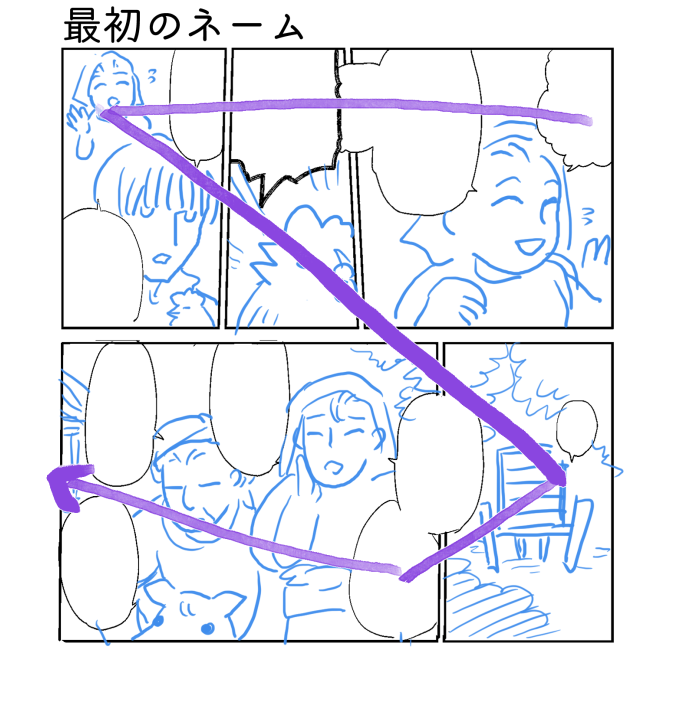 おそらくこう変わる…と思う
修正前は対角線上に荷車があって視線がスムーズ
下段の1から2に行く間に重なったフキダシの位置でスコンと下に目が行くのも、スピーディさの原因かも。
修正後は下段1と2にまたがるフキダシはあるけど、一旦2コマ目の中でセリフを仕切り直してる