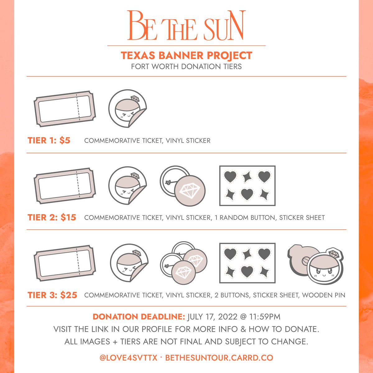 Love4SVTTX's tweet photo. Get excited! Here are the official donation tiers for the Fort Worth banner project 💕 

We can't wait to show you what we've been working on~ We'll be sharing teasers of final designs SOON so make sure to follow us on social media!

Donation deadline is July 17 at 11:59 PM CT! https://t.co/9cTt7g10Rr