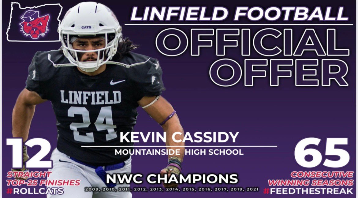 KevinCass70's tweet photo. After a great conversation with @CoachSmithCats I am honored to say that I have been offered to play football at @LinfieldFB @JordanJ_ @PrepRedzoneOR @AndrewNemec @SBLiveOR https://t.co/nVSbURzttn