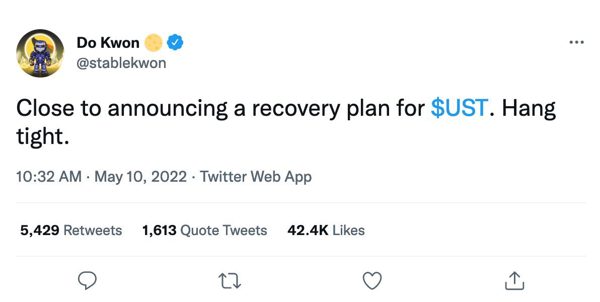 AshCrypto's tweet photo. This single tweet ruined so many lives holding LUNA and UST. https://t.co/ox4yxJI8pE