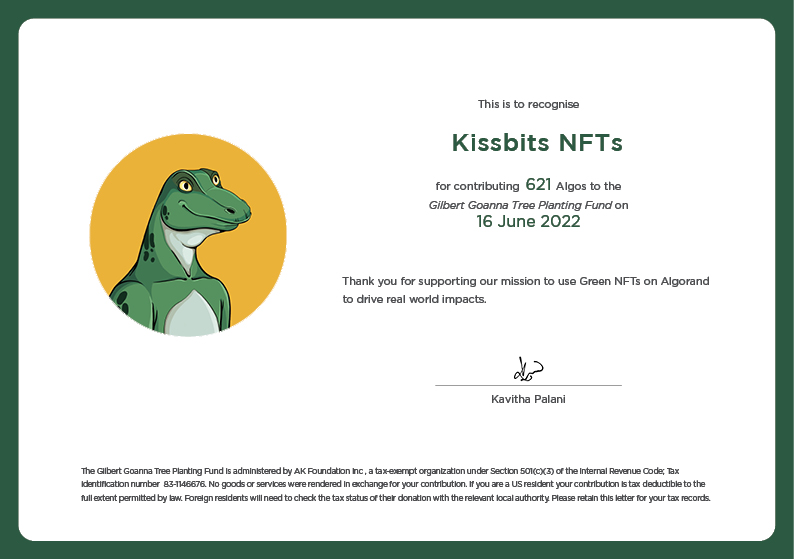 treefund_io's tweet photo. After locking lips with some of the finest looking NFTs on Algorand, @kissbitsnft donated 621 Algos to the Tree Fund. 😘 https://t.co/KsYTHWiPWe