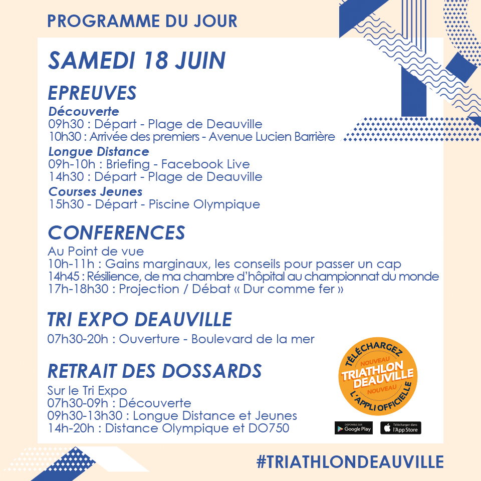 𝐏𝐑𝐎𝐆𝐑𝐀𝐌𝐌𝐄 𝐃𝐔 𝐉𝐎𝐔𝐑 🗓
Deuxième journée d'épreuve pour les participants du Triathlon Deauville Normandie 🎉
Aujourd'hui, ouverture du Tri Expo dès 07h30 🏟

Retrouvez le programme détaillé sur notre application 📱
#TRIATHLONDEAUVILLE #triathlon  #deauville