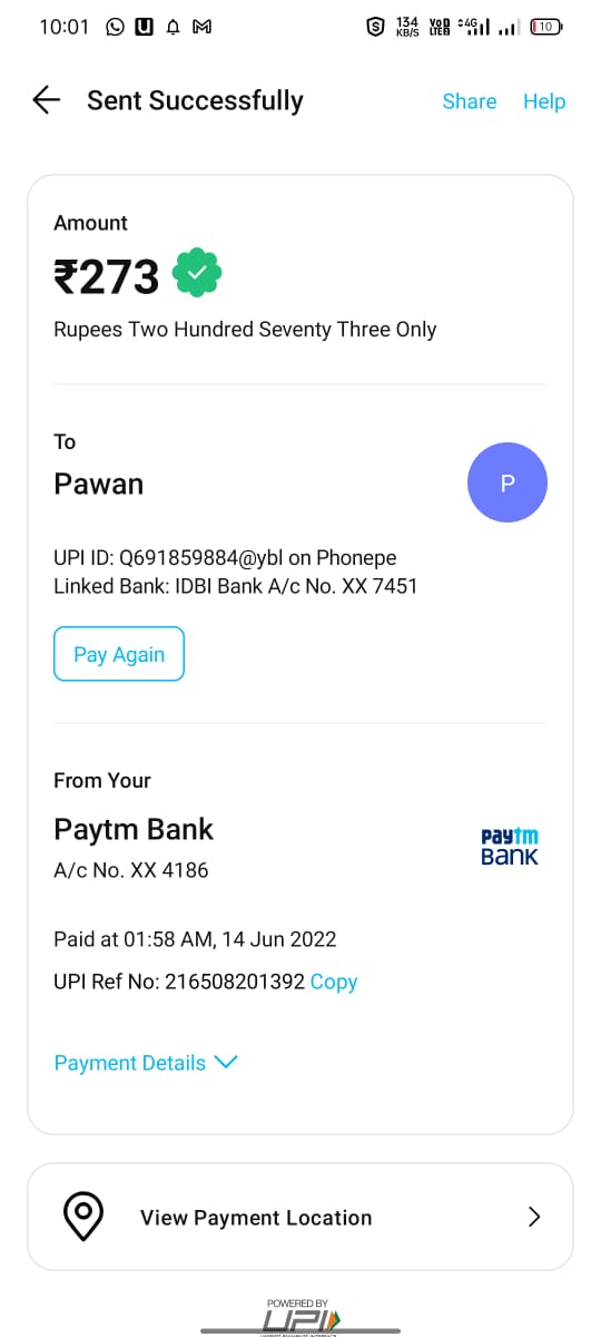 TarunBiswal3's tweet photo. I did @Uber journey on 14th June 2022 at 1:21 am in which my fare was 273 and I paid twice by mistake to rider. Rider is not giving me refund and threatening me.
@Uber_Support Please help me and refund my money. Also find the attached image as proof of payment. https://t.co/K8lihGJzbs