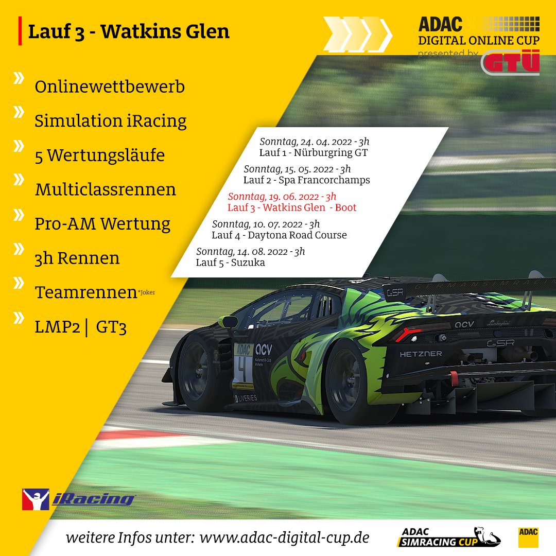+++ ADAC Digital Online Cup +++
🏁 Race Preview – R03 - Watkins Glen 🏁

🎬 Livestream
➡ YouTube ADAC: youtu.be/yTWK9sF7ky4 
➡ YouTube GTÜ: youtu.be/fN_4CERjKR0 
➡ Facebook: facebook.com/adacmittelrhein
➡ Twitch: twitch.tv/adacdigitalcup 

➡ Infos: adac-digital-cup.de