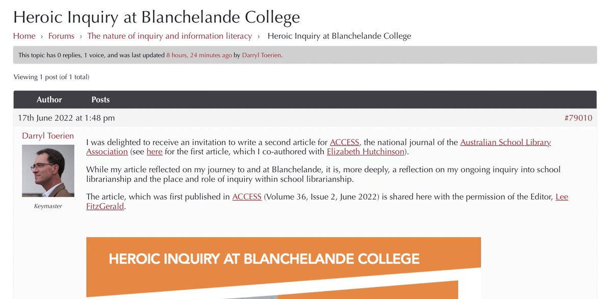 TheFosilGroup's tweet photo. *Heroic #FOSILinquiry @BlanchelandeC* <https://t.co/TRuMjujIUE> | article for 36(2) June 2022 of @aslanational *ACCESS* with permission of Editor. More broadly, reflection on @IFLA #SchoolLibrary Guidelines, specifically centrality of #InquiryBasedLearning to educational program. https://t.co/oV9PzWyvo4