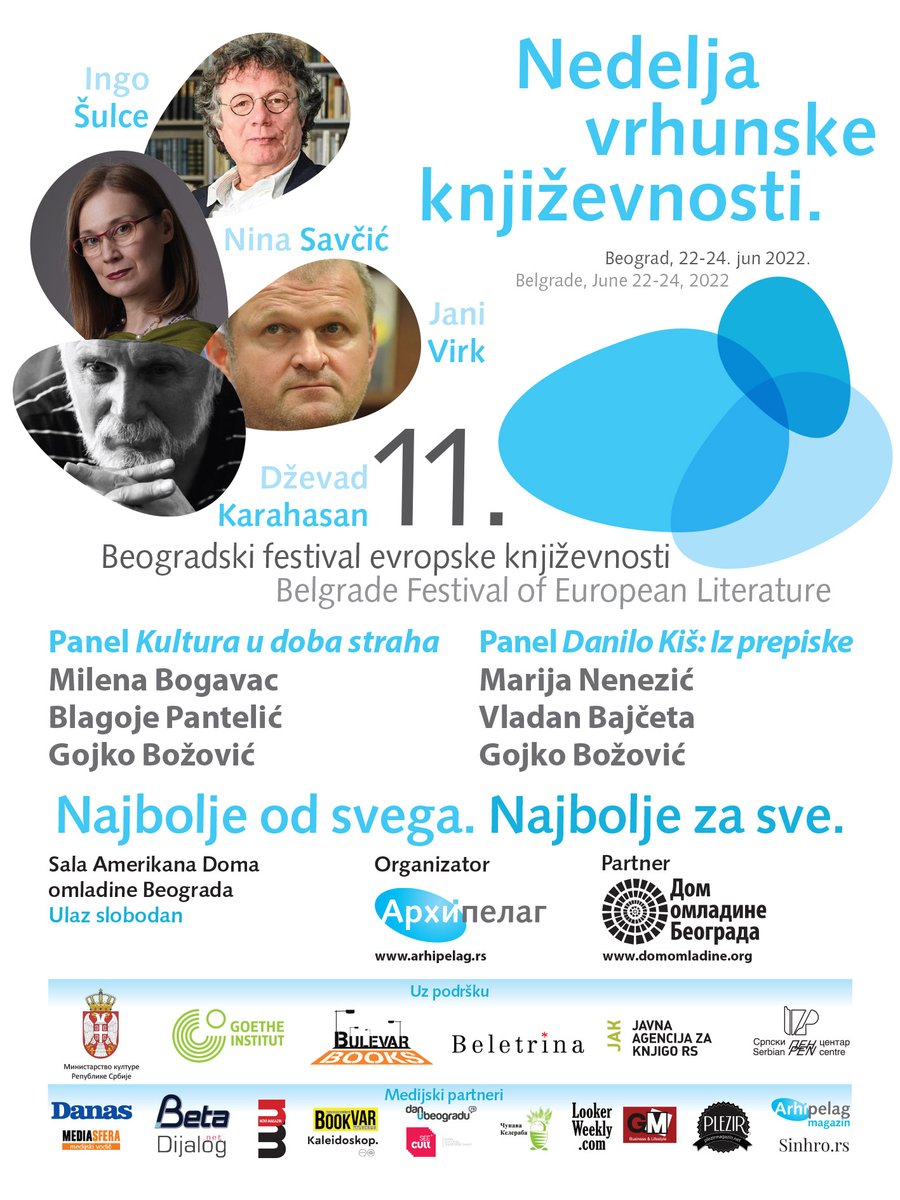 11. Beogradski festival evropske književnosti:
👉Uzbudljiva književna nedelja
👉Čitanja poznatih evropskih i domaćih pisaca 
👉Kultura u doba straha
👉O knjizi Danila Kiša Iz prepiske
arhipelag.rs/arhipelag-maga…
<a href="/DomOmladineBG/">Dom omladine Beograda</a> <a href="/nina_savcic/">NinaSavcic</a> <a href="/MinjaDMS/">Minja Bogavac</a>  <a href="/blagojepantelic/">Blagoje Pantelic</a> <a href="/GojkoBozovic/">Gojko Božović</a>