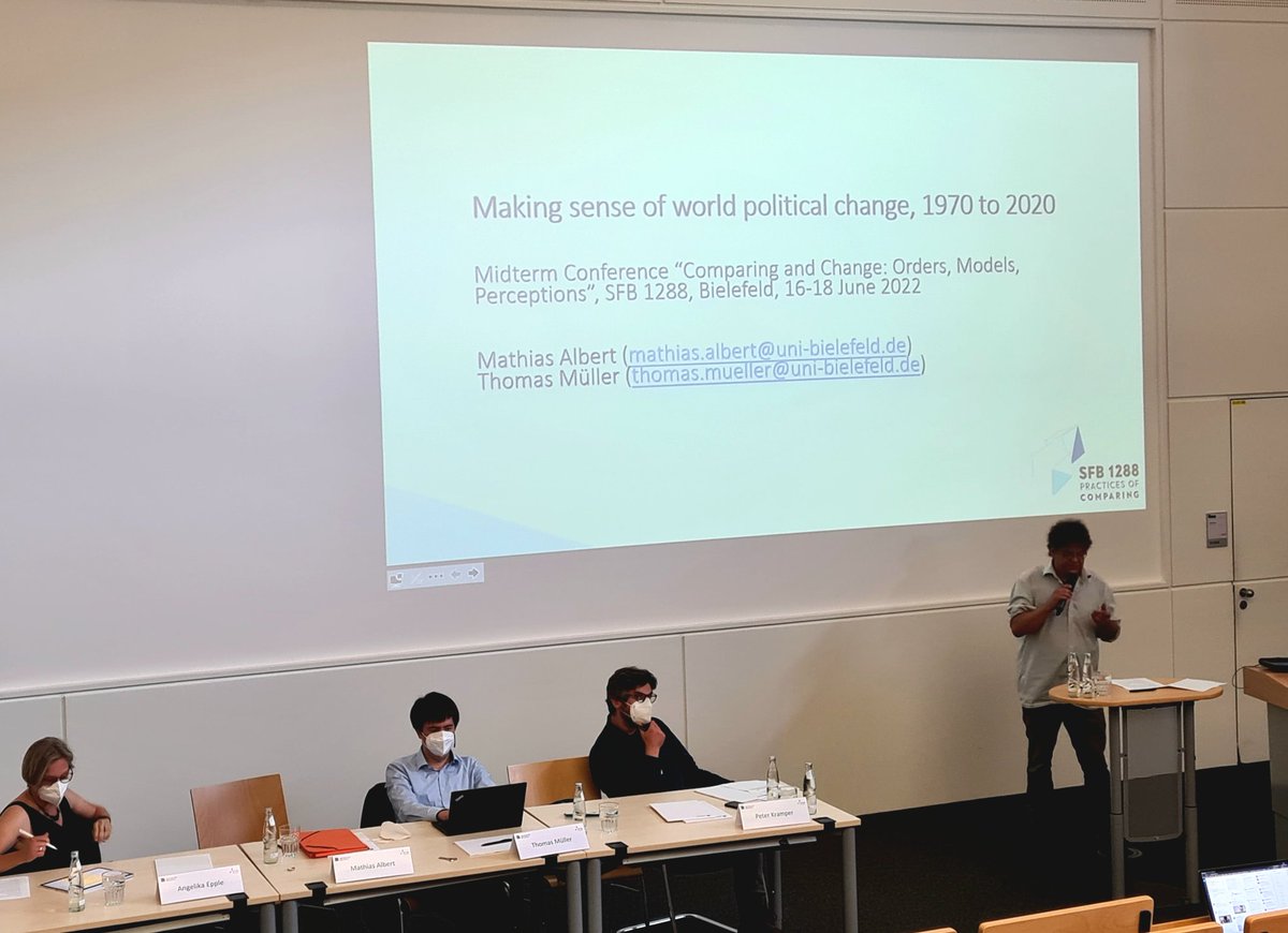 ChrWachter's tweet photo. How do changes in world politics stimulate narratives of change? How is the future anticipated? What means are necessary to cope with it? #MathiasAlbert & #ThomasMueller on 1970-2020: Change ubiquitously perceived, open future, applied modeling of world politics. #SFB1288Midterm https://t.co/4s6vaB00iF
