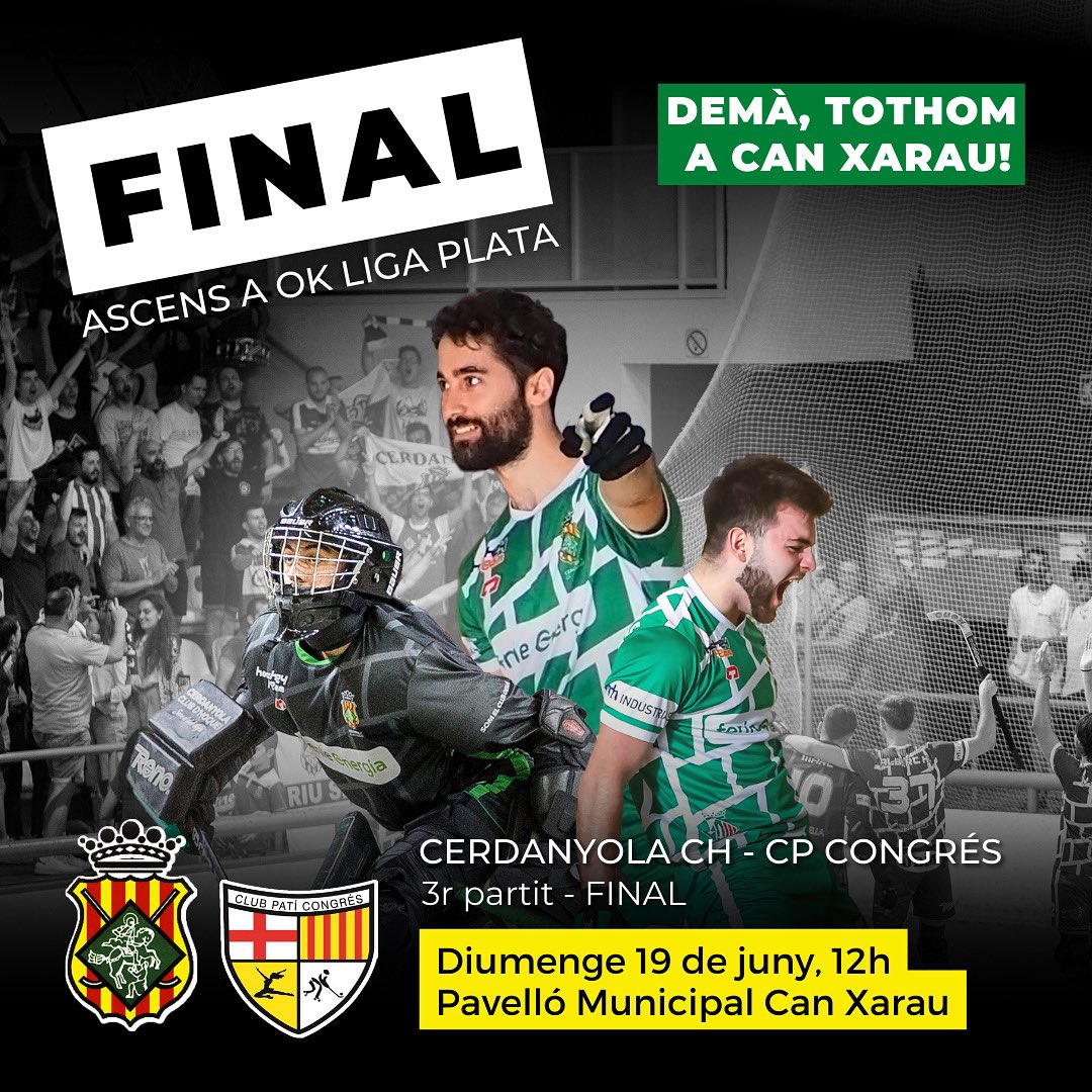 Preparats 💪

🏆 Final del Play Off d’ascens
🆚 <a href="/clubpaticongres/">Club Patí Congrés</a> 
📆 Demà
⏰12h
📍 Can Xarau
🎟 Entrada lliure fins a completar l’aforament destinat a cada club

Hi creieu? Nosaltres sí!! 🟢⚪️

#ForçaSarda 💚