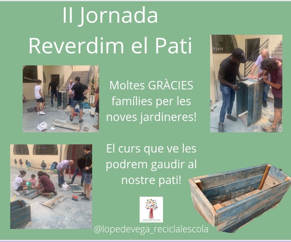 LopedeVega_R's tweet photo. Jornada de col.laboració.Projecte R de Reverdir.Reverdim el Pati 🌱💚
Moltes GRÀCIAS FAMíLIES Consell Ambiental per la vostra iniciativa e implicació.Prompte podrem gaudir d'unes boniques jardineres💚💚💚
Ens queda molt per fer. Seguim!🌱
#reverdir #centresxscs https://t.co/fKowwea6ko
