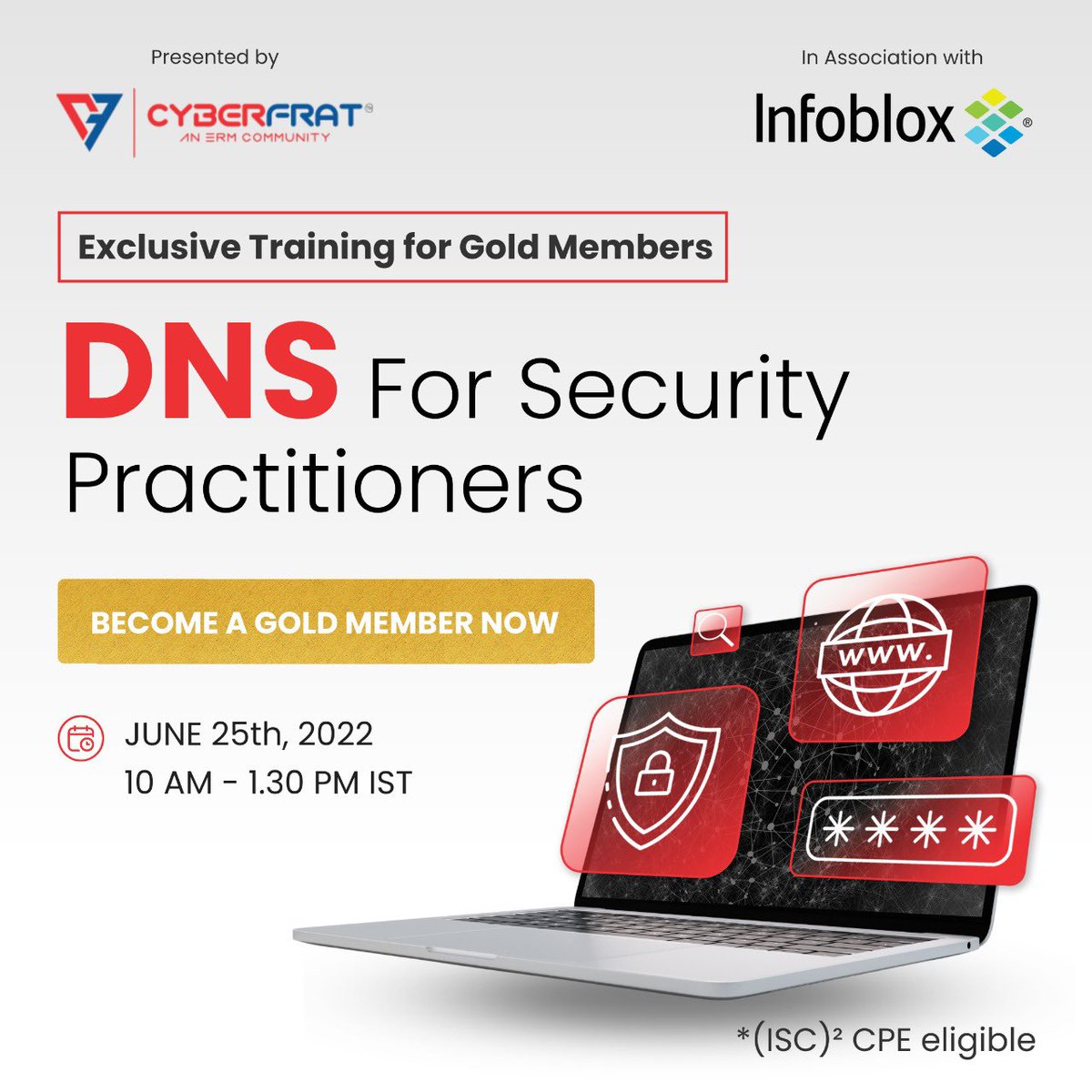 CyberFrat's tweet photo. CyberFrat has partnered with @Infoblox to conduct an exclusive training for Gold Members on #DNSSecurity practitioners, Online on June 25th, 2022 from 10 am to 1:30 pm (IST)

Please click here for the highlights of the session and Register-
https://t.co/3o8gBEQpgr

#Cyberfrat https://t.co/FKXfnJt5dD