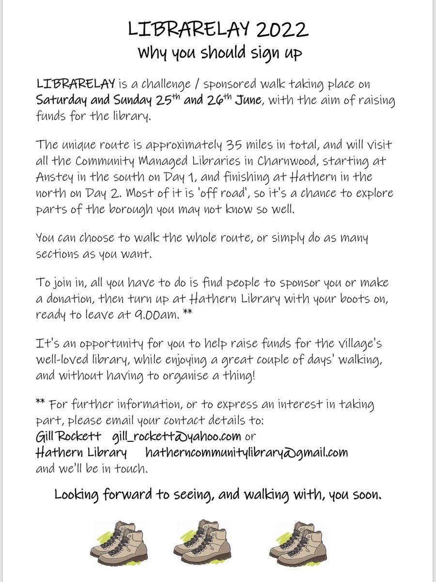 HathernLibrary's tweet photo. Don’t forget that our Sponsored Walk is next weekend! There are different options for getting involved, from sponsoring our walkers, doing a shorter route, or joining us for the full route! Get in touch for more information!
#Hathern https://t.co/64orgwpulS