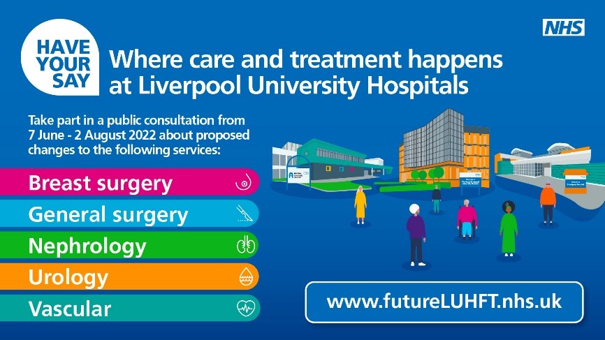 Mersey_Care's tweet photo. The #NHS has launched a public consultation about proposed changes to five @LivHospitals services 🗣
You can share your views between 7 June and 2 August 📅
Find out more and complete the online survey ⬇
https://t.co/h8B4g0fiHp
#FutureLUHFT https://t.co/vNzy4DqPnR