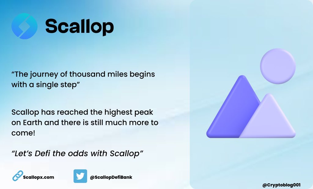 Hans_OnChain's tweet image. There is saying that "The journey of thousand miles begins with a single step."
 
@ScallopDefiBank has reached the highest peak on Earth😉 

And you bet we should still be expecting more
 
📚 @digitaljournal reveals all!

bit.ly/3OaE7Lu
 
#DeFiTheOdds #DeFi $SCLP