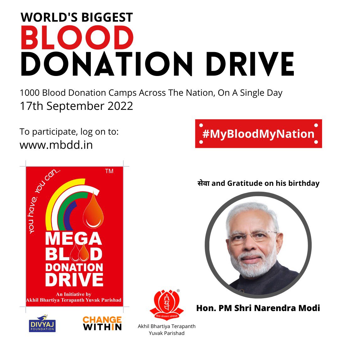 Humbled to announce this noble mega-initiative. On the 72nd birth anniversary of our Hon. PM, let’s all join this heroic cause and express our gratitude. 

mbdd.in

#ServiceToTheNation
#17thSeptember2022
#MyBloodMyNation
#ChangeWithin