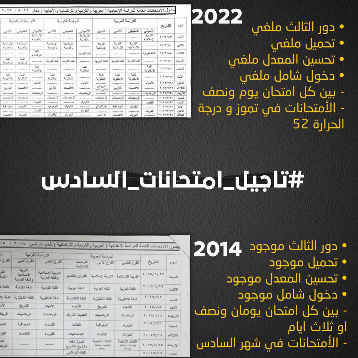 dhw_wd's tweet photo. @MN7_716 للمرة الثانية جدول غير منصف
• قياساً بباقي السنوات ، جدول 2022 هو اكثر جدول ضالم للطلاب وهذه مقارنة بسيطة بين جدول هذا العام وجدول احد السنوات فقط الي مجان اكو بيها ضروف او وباء او ضروف قهرية بشكل عام ..
#الجدول_الوزاري_مرفوض https://t.co/mOOVGTdioE