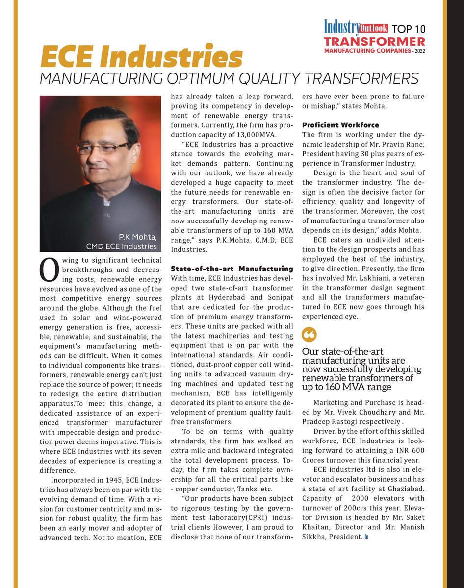 TwohmpC's tweet photo. Proud to be part of and contribute to the journey of a growing India. Mr. P.K. Mohta, CMD, ECE Industries Ltd, highlights the capabilities ECE has developed over the years to be India’s top 10 Transformer manufacturing company. #Ece #EceElevator #SmartEceElevators #ElevateToSmart https://t.co/X0hYDUJsMN