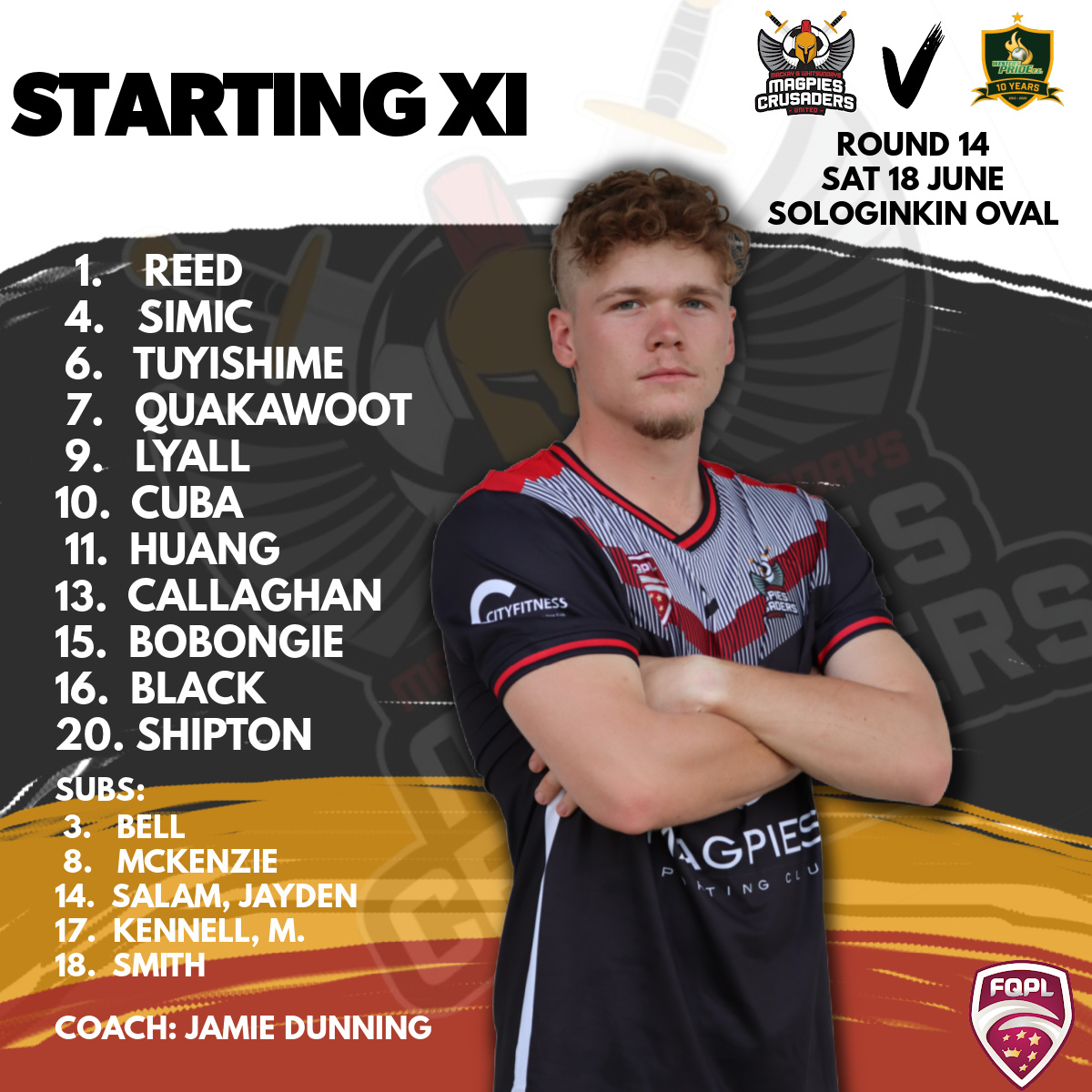 QPL1 kick off at 7pm. Magpies Crusaders United team list for the game vs Western Pride FC. Go MCU!!