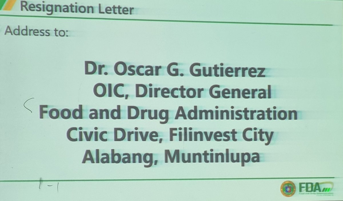 Hello Pharmacists!
If you plan to resign or have resigned from your former employer, this is who you address your resignation letter to FDA 😊