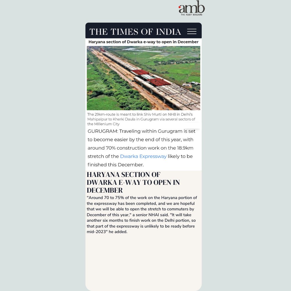 AMB__Group's tweet photo. Haryana section of Dwarka e-way to open in December, Delhi arm next year
#AMBGroup #ambgroup #dwarkanews #dwarkaexpressway #investment #opprtunity #selfiesquare #selfiestreet https://t.co/5tbmwBCHV9